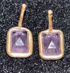 14K Gold Stud Earrings With Purple Stone