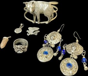 Sterling Wolf Cuff Bracelet, Lion And Gemston Pierced Earrings, Pendants