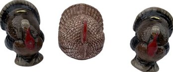 Ceramic Turkey Candle Holders & Candy Dish (6 H) With Lid (5 H)