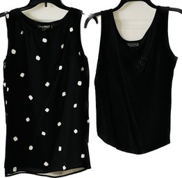 Liz Claiborne. Sleeveless Ladies Tunic 26' Long. Rayon. Size 8P. Black With Gray Dots. Black Camisole.