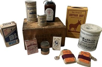 Antique Tobacco, Snuff & Rolling Papers With Wooden Crate.