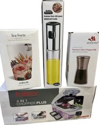Tea Forte Steeping Cup, Olive Oil Sprayer, Stainless Steel Salt Or Pepper Mill, 4 In 1 Chopper Plus