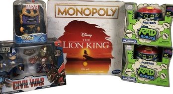 Game And Fun Pack, 2 Fartbro Farting Robots, Lion King Monopoly With Noise Button, Marvel Action Figures