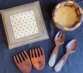 Tile Deco Trivet/wall Hanging 11.5, Wood Bowl 8, 2 Sets Of Wood Salad Serving Utensils.