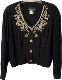 Carol Little, Ladies Blouse, Size 10, Embroidered With Wood Buttons, Black And Tan Embroidery