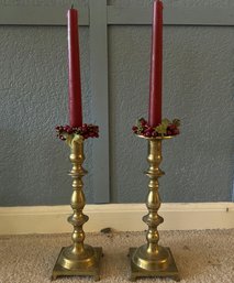 (2) Brass Candle Stick Holders With Red Candles (17in Tall)