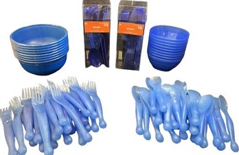 Blue Plastic Bowls & Cutlery.