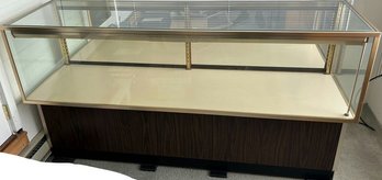 Large Glass Display Case With Gold Tone Trim & Lighting- 70Wx20Dx39T, No Key