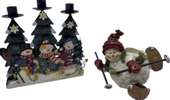 Snowball Snowman Candle Holder & Metal Snowmen Candlestick Holder (9 H)