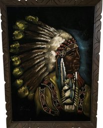 Framed American Indian Chief Painting On Felt Canvas Signed By Artist (27.5x37.5)