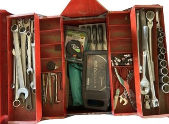 Tool Box With An Assortment Of Wrenches, Alan Wrenches, And Small Hand Tools