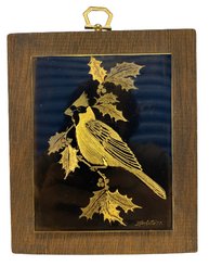 Cardinal On A Holly Branch Plaque By J. Heckett 1977 (5.5x6.5x1)