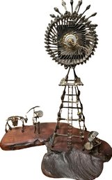 Metal Prospectors & Windmill Clock Made From Nails- 16in Tall, Needs New Batteries, 6 Fell Off Clock Face