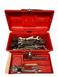 Tuff Box (plastic) Full Of Used Assorted Tools- Wrenches, Sockets, Screw Drivers And More- Box Is 16x8.5x8