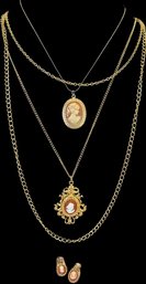 2 Gold Tone Cameo Necklaces And Earrings