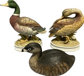 Set Of Signed Ceramic Mallards By Andrea And  Hard Plastic Coot Figurine Signed By Artist (Largest Is 9.25in