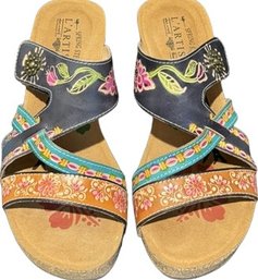 L'Artiste Multi Colored Floral Sandal Heels With Genuine Leather Straps - EU Size 39, US Size 8