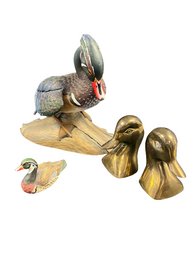 Duck Decor With Brass Colored Book Ends, Small Ceramic Duck (4x3) & Painted Duck Replica Sculpture (13x12)