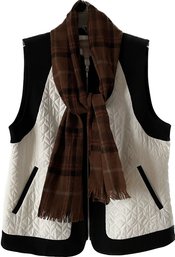 Chico's. Black & White Quilted Ladies Vest. Size 1. Vest Has Pockets. Wool Scarf-brown, Black, Red.