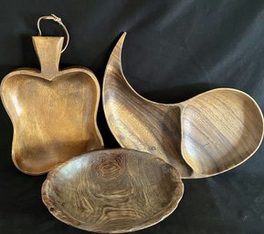 Three Wooden Serving Pieces. Bowl Is Dated 2007 Belize