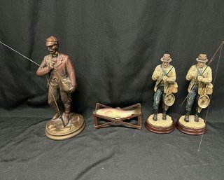 Fishing Themed Figure Collection Including 1993 Austin Sculpture, Matching Fly Fishermen