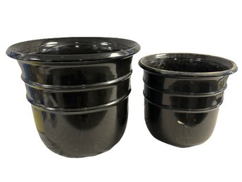 Large Black Glazed Ceramic Outdoor Planters 20x20 18x16 (smaller Pot Has A Glued Crack)