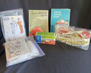 Sewing Collection, McCalls And Vogue Patterns, NIB Buttonholer,box Of Supplies, 2 Sewing Books.