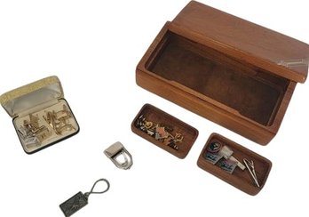 Fine Craft Wooden Jewelry Box With Collection Of Pins, Gold Tone Cuff Links, Stainless Cuff Links.