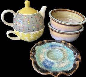 Teapot, Candle Plate, And Two Pottery Bowls