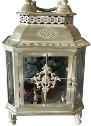 Decorative Glass Lantern (13in Tall) With Glass And Wood Figurines Inside