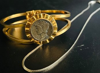 Coin Bracelet, Gold Tone. Dime 1929. Silver Choker Chain Made In Italy. See Photo For Markings. 2.10 G.