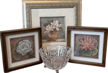Three Framed Floral Prints And Glass Bowl.