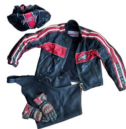 Ducati Meccanica Bologna, Black Leather Motorcycle Jacket, Chaps, Gloves, And Matching Carrying Case