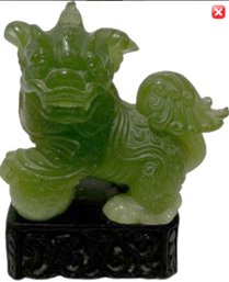 Jade Carved Foo Dog Figure On Black Stand - 5'H