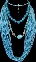 4 Blue Tone Necklaces, Multi-Strand Beaded, Cross
