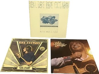 Three Vinyl Records: John Denver, Rod Stewart, Blood Sweat & Tears.