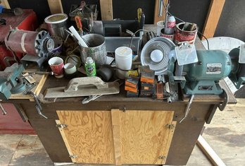 Worship Cabinet With Bench Grinder (working), Shop Lamps, LITTCO Vice, Tampered Roller Bearings, And More!