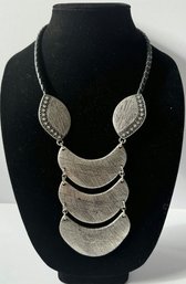 Chico's Necklace Metal Bib Black Leather Silver Tone - 12'