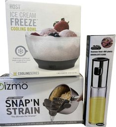 Ice Cream Freeze Cooling Bowl, Snap N'Strain Gizmo, Olive Oil Sprayer - NEW IN BOX