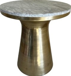 Round Marble Top Side Table With Brass Colored Base-Top Is Removable (20x22x20)