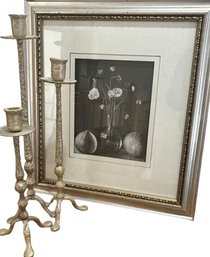 3 Raw Metal Candlestick Holders And Floral Framed Print 18x20
