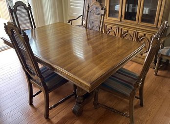 Dining Room Table And Eight Chairs In Pristine Condition. Comes With Two Removable Leaves And A Table Cover.