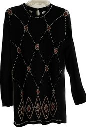 Karen Scott Petites, Ladies Black Tunic Sweater. Size Large Petite. Red/gold Beads On Black Background.