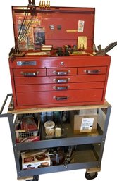 Workshop Toolbox On Rolling Cart With Assorted Tools- Toolbox Is 26Wx13Dx16T & Cart Is 33Wx16Dx33T