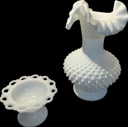 Beautiful Milk Glass Vase (10.5  H)& Dish