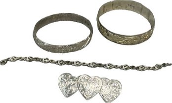 Silver Toned Heart Hair Clip And Link Bracelet, 2 Bangles Bracelets Marked 925