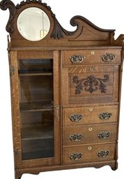 Beautiful Vintage Carved Wood Side-by-side Secretary Desk & Cabinet- 50Wx13Dx71T