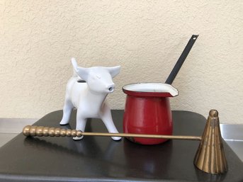 Red Enamel Dipper, Candle Snuffer, French Cow Cream Pourer