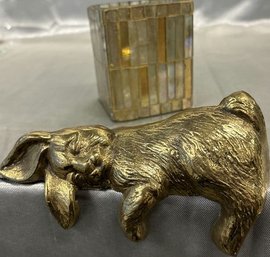 Heavy Brass Bunny Lays On Edge, Shell Candle Holder