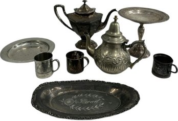 Assorted Silver Plate And Pewter Platters, Plate, Cups, And Tea Pots. Brands Wm Rogers Champaign And More!